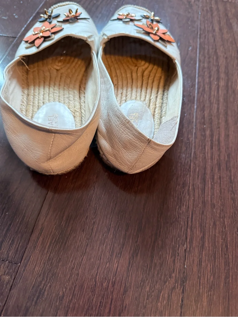Michael Kors Cream Espadrilles with Orange and Gold Floral Embellishments